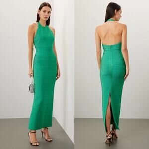Herve Leger Halter Bandage Gown Sleeveless Backless Maxi Bodycon Dress Green XS